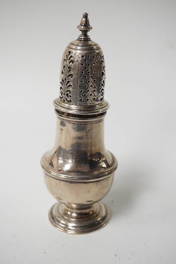 A George II silver baluster pepperette, by Samuel Wood, London, 1749, 14.4cm, 4.5oz. Condition - poor to fair